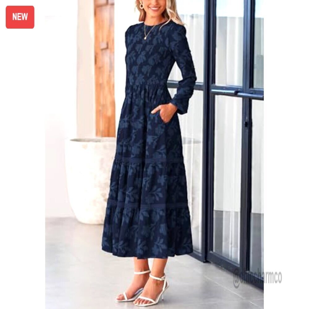 Long Sleeve Smocked Midi Dress, Floral Boho, Flowy Wedding Guest Dress - Picture 4 of 7